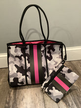 Grey Camo Pink Stripe Neoprene Tote Black Strap 💖