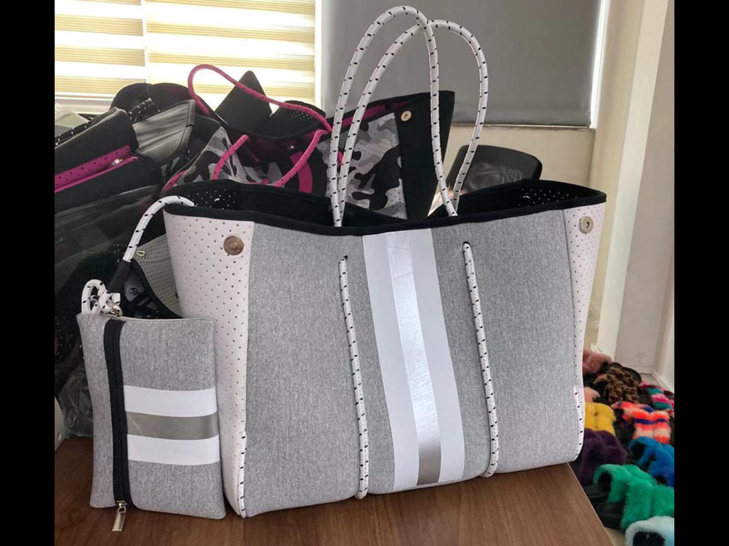 Grey with Silver & White Stripe Neoprene Tote