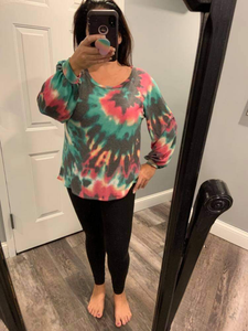 TIE DYE PRINT TERRY TOP WITH PUFF SLEEVES - FUCHSIA/CHARCOAL or FUCHSIA/DENIM