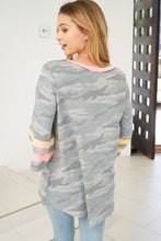 Plus Size bell sleeve camouflage knit top with a v-neck featuring a tie dye trim detail and a loose fit - Grey Camo