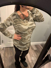 CAMOUFLAGE PRINT ROUND NECKLINE LONG SLEEVE TOP WITH CUTOUT SHOULDER DETAIL- ARMY GREY or ARMY OLIVE