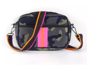 Green Camoflauge with Lavender/Orange Stripe Neoprene Crossbody Bag 💜🧡