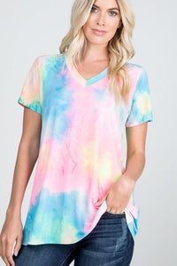 SHORT SLEEVE V NECK MULTICOLOR NEON TIE DYE PRINT TOP  - NEON PINK/MULTI-CUT