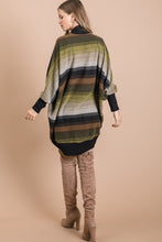 BRUSHED MULTI COLOR STRIPED OPEN CARDIGAN WITH LONG DOLMAN SLEEVES AND CURVED HEM - Magent Multi or Olive Multi