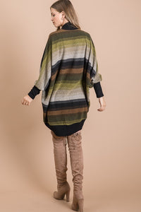 BRUSHED MULTI COLOR STRIPED OPEN CARDIGAN WITH LONG DOLMAN SLEEVES AND CURVED HEM - Magent Multi or Olive Multi