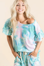 TIE DYE TEXTURED KNIT TOP WITH GATHERED SHORT SLEEVES - PASTEL BLUE or PASTEL GREEN.