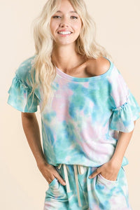 TIE DYE TEXTURED KNIT TOP WITH GATHERED SHORT SLEEVES - PASTEL BLUE or PASTEL GREEN.