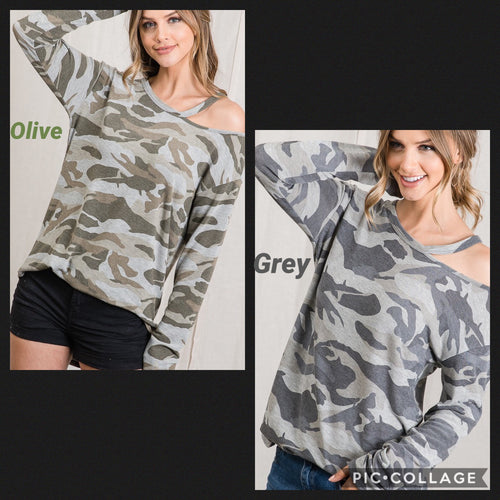 CAMOUFLAGE PRINT ROUND NECKLINE LONG SLEEVE TOP WITH CUTOUT SHOULDER DETAIL- ARMY GREY or ARMY OLIVE