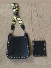 AHDORNED BLACK VEGAN MESSENGER W/GOLD STUDS & GOLD CAMO 2" ADJUSTABLE STRAP