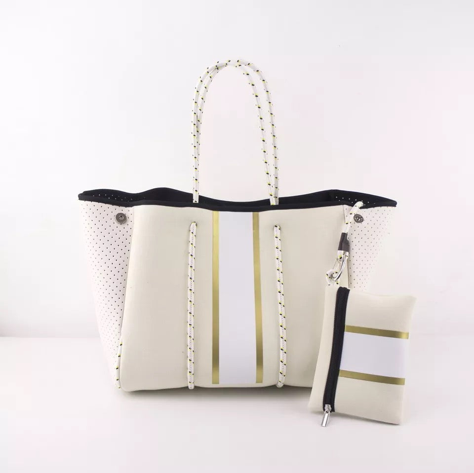 Ivory Gold Stripe Canvas/Neoprene Tote bag