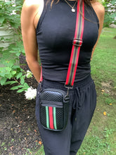 METALLIC BLACK RED GREEN STRIPE MULTI ZIPPER NEOPRENE PHONE HOLDER W/1.25" STRIPE STRAP