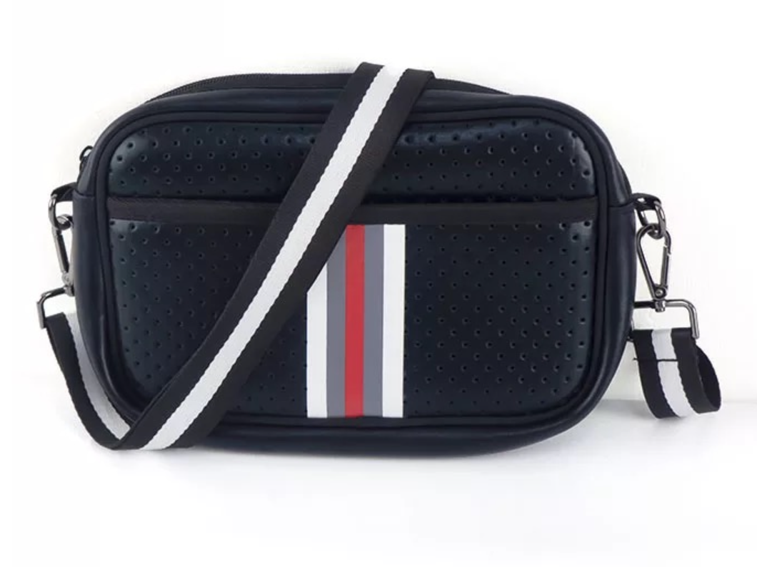 Black Metallic with Red/Grey/White Stripe Neoprene Crossbody Bag