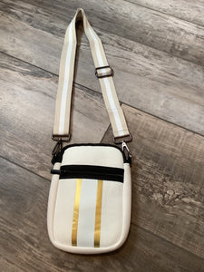 IVORY WITH GOLD ZIPPER NEOPRENE PHONE HOLDER W/1.25" STRIPE STRAP