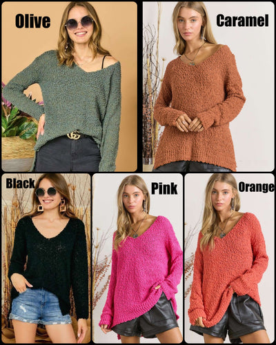 SOFT POPCORN SOLID V-NECK SWEATER TOP - ASSORTED COLORS