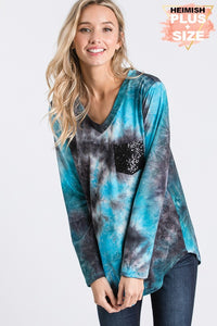 PLUS SIZE LONG SLEEVE TIE DYE PRINT TOP WITH BLACK SEQUIN POCKET - BLACK/TEAL or a BLACK/TAN