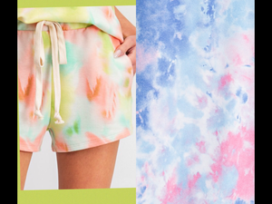 TIE DYE FRENCH TERRY LEISURE FIT KNIT SHORTS WITH NATURAL TWILL STRAP - Lime/Peach 💚🧡 or Blue/Pink 💙💗