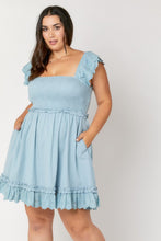 PLUS SOLID SMOCKED RUFFLE MINI DRESS - DUSTY BLUE