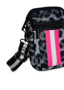 GREY/BLACK/PINK LEOPARD ZIPPER NEOPRENE PHONE HOLDER W/1.25" STRAP