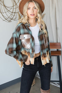 Bleached hem double pockets front detail cropped plaids shirt