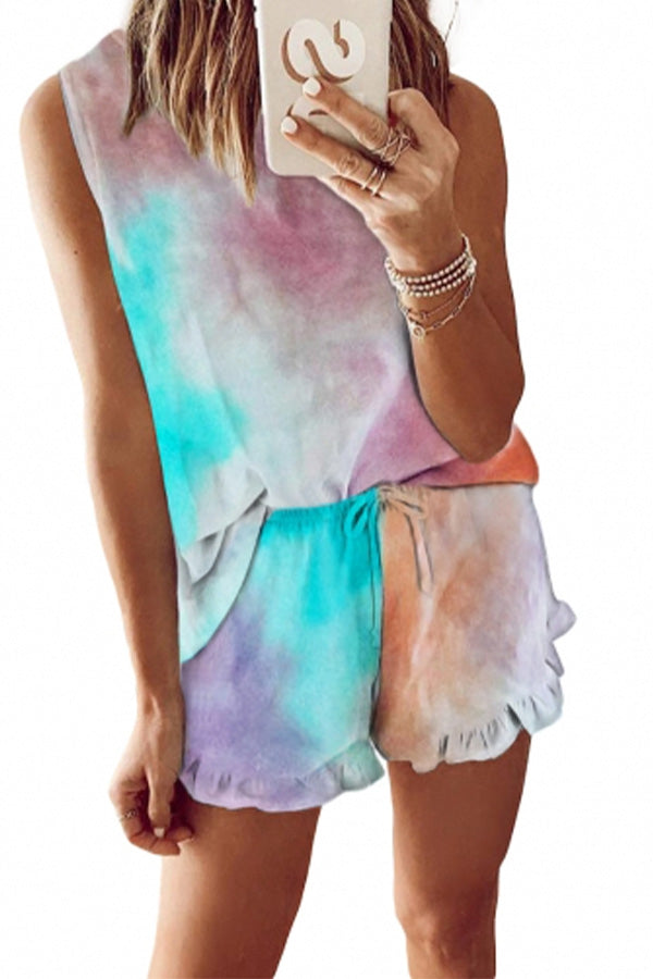 Tiedye Tank and Shorts Lounge Set - Turquoise/Purple Multi or Light Blue Pink Multi