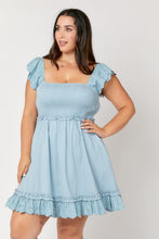 PLUS SOLID SMOCKED RUFFLE MINI DRESS - DUSTY BLUE