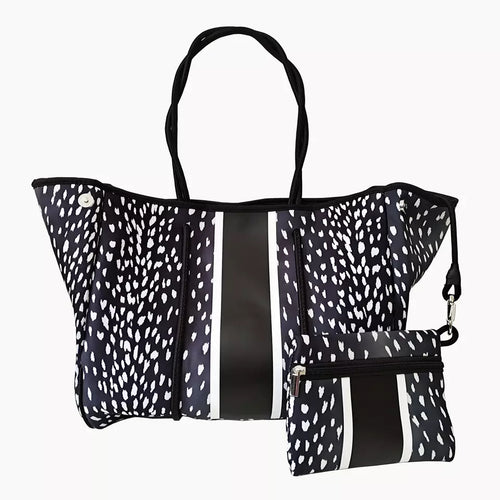 Black Spotted Neoprene Tote with Stripe