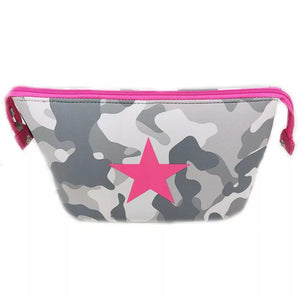 Neoprene Cosmetic case/ Clutch - Grey Camouflage w/ Pink Star