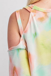 PLUS ROUND NECK TIE DYE FRENCH TERRY TOP WITH CRISS CROSS DETAILED COLD SHOULDER SLEEVES - CORAL/LIME