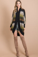 BRUSHED MULTI COLOR STRIPED OPEN CARDIGAN WITH LONG DOLMAN SLEEVES AND CURVED HEM - Magent Multi or Olive Multi