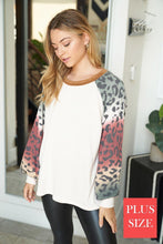 PLUS SIZE Long sleeve solid knit top with a round neck featuring a puff sleeve and a leopard print trim - Ivory or Olive