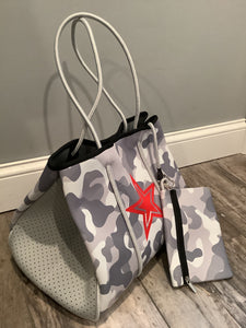 Grey Camo with Red Star Neoprene Tote