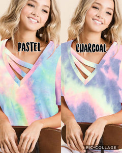 TIE DYE TERRY V NECK TOP WITH DOUBLE STRAP - charcoal tie dye or pastel tie-dye