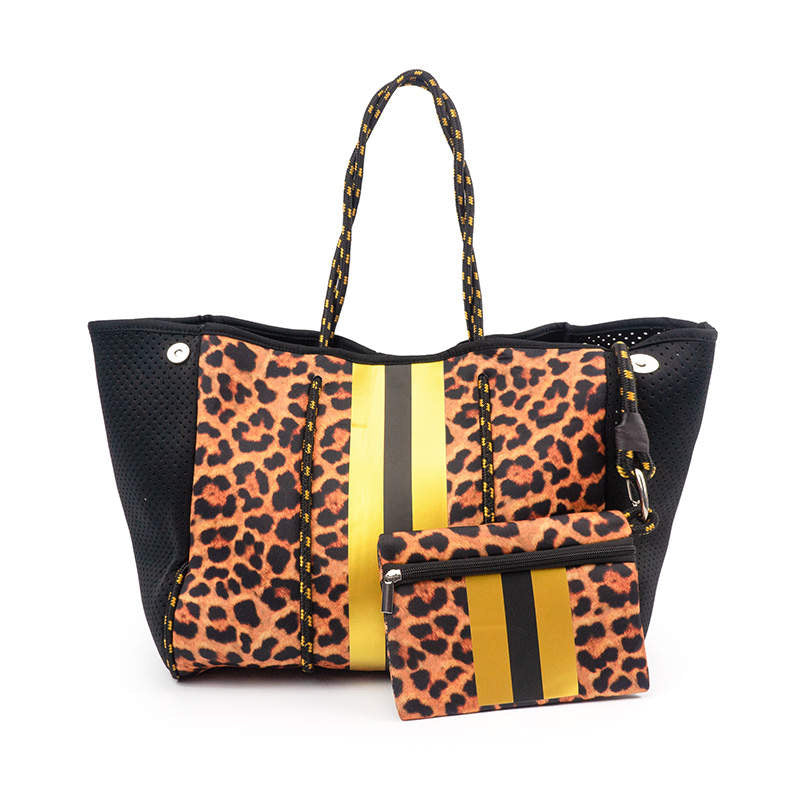 Leopard Neoprene Tote with Metallic Gold Stripe