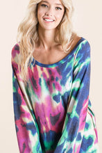 TIE DYE PRINT TERRY TOP WITH PUFF SLEEVES - FUCHSIA/CHARCOAL or FUCHSIA/DENIM