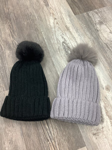 Solid Ribbed Knit Hats w/ Removable PomPom - Black or Grey