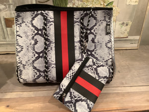 Snake Skin Neoprene Tote with Red & Black Stripe & Silver Side Panels