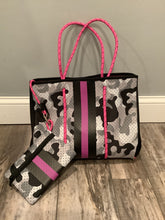 Grey Camo Pink Stripe Neoprene Tote with Pink Strap