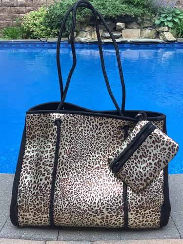 Leopard Gold Metallic with Black Sides Neoprene Tote