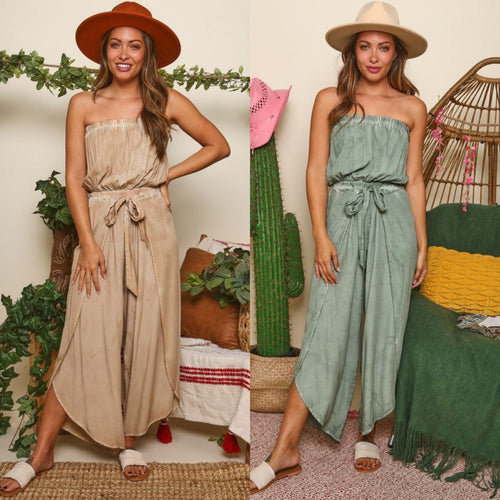 Off Shoulder Washed Jumpsuit - Beige or Ice Green