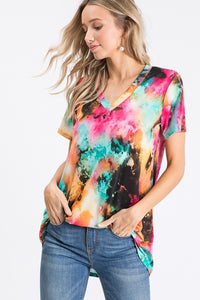 SHORT SLEEVE V NECK MULTI PRINT TOP