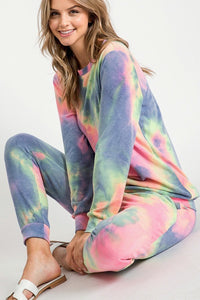 TIE-DYE TOP WITH A ROUND NECKLINE, LONG SLEEVES, AND BANDED HEM - Denim Multi