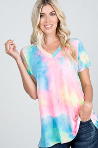 SHORT SLEEVE V NECK MULTICOLOR NEON TIE DYE PRINT TOP  - NEON PINK/MULTI-CUT