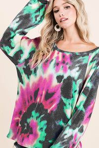 TIE DYE PRINT TERRY TOP WITH PUFF SLEEVES - FUCHSIA/CHARCOAL or FUCHSIA/DENIM