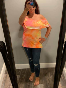 Off the shoulder tie dye knit top featuring an overlay ruffle - Orange