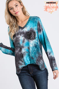 PLUS SIZE LONG SLEEVE TIE DYE PRINT TOP WITH BLACK SEQUIN POCKET - BLACK/TEAL or a BLACK/TAN