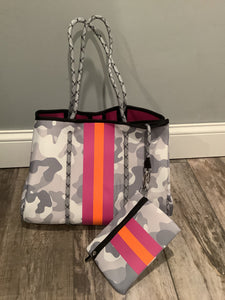 Grey Camo with Neon Orange/Lavender Stripe Neoprene Tote bag