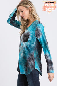 PLUS SIZE LONG SLEEVE TIE DYE PRINT TOP WITH BLACK SEQUIN POCKET - BLACK/TEAL or a BLACK/TAN