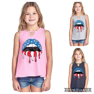 KIDS AMERICAN FLAG DRIPPING LIPS KEYHOLE FRONT SLEEVELESS TOP - BLACK, HEATHER GREY or PINK