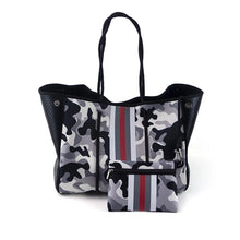 Grey Camo with Red & White Stripe Neoprene Tote