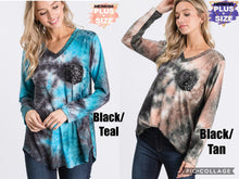 PLUS SIZE LONG SLEEVE TIE DYE PRINT TOP WITH BLACK SEQUIN POCKET - BLACK/TEAL or a BLACK/TAN